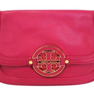 Tory Burch Amanda Clutch Magenta Pink Leather Cross Body Bag